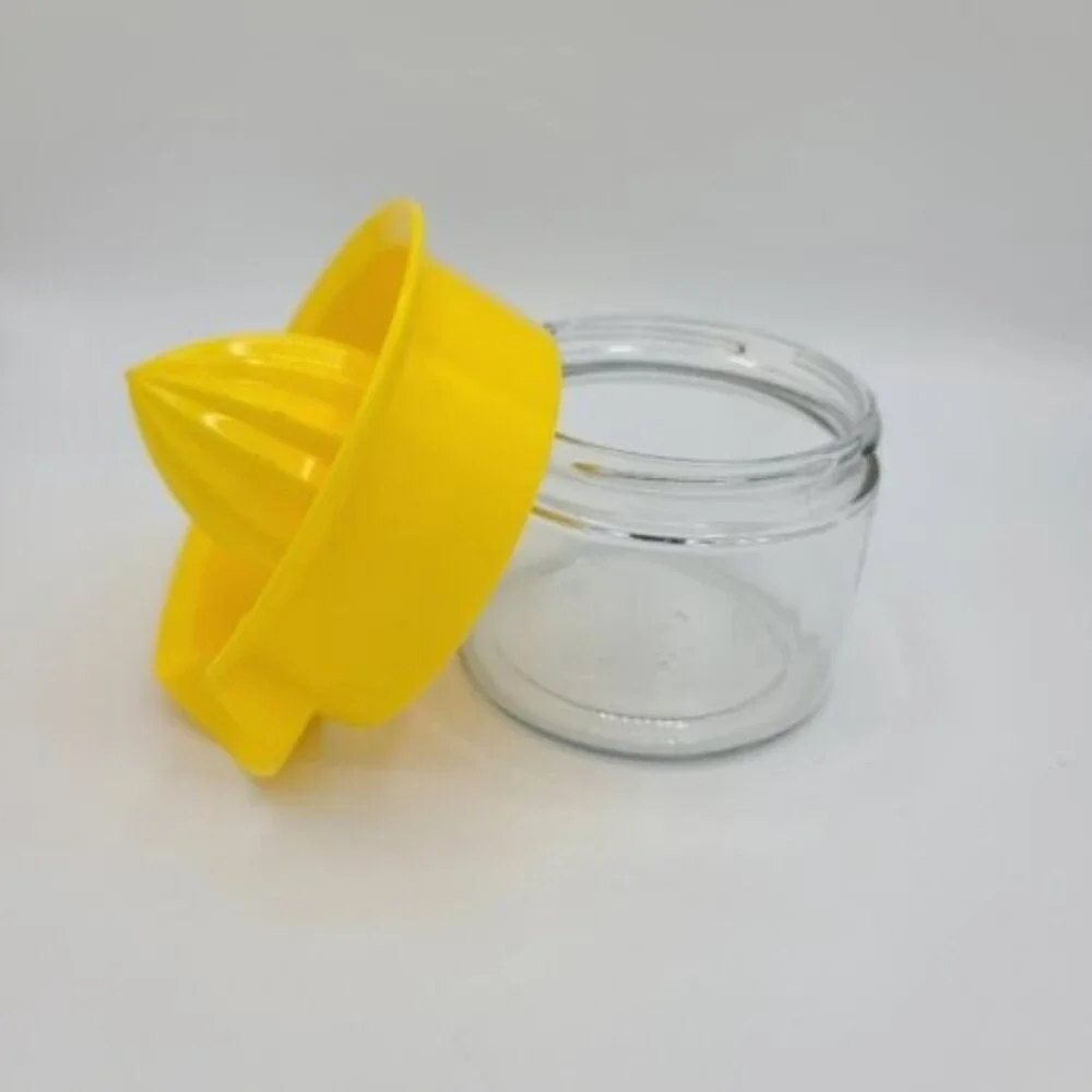 Vintage Gemco Clear Glass Juicer Container With Yellow Lid Manual Fruit Press